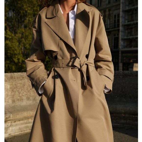 ZARA Light Camel Long Double-breasted Trench Coat With Belt - Picture 6 of 12